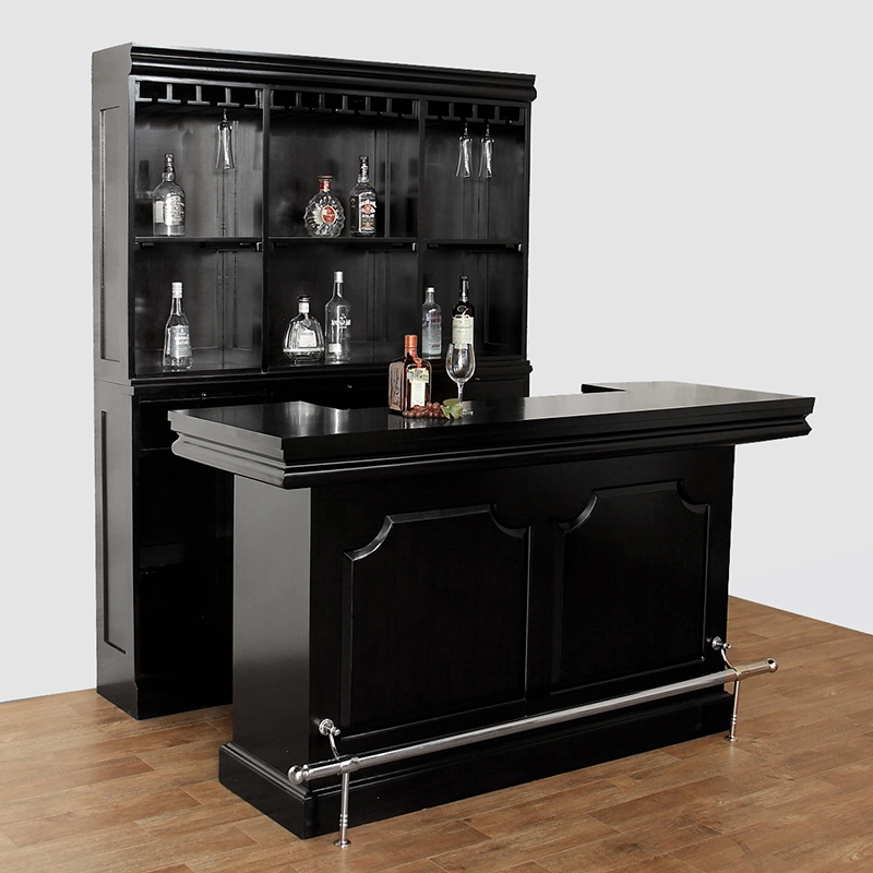 Home Bar Set Matte Black with Chrome Footrest & Hutch