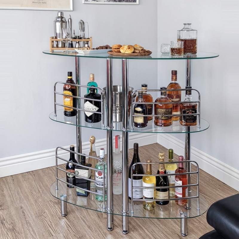 Home Bar Table Curved Glass Tiers Chrome Bottle Guards Modern Design