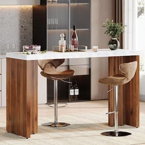 Home Bar Table Slat Style Legs Marble Pattern Top Swivel Stools