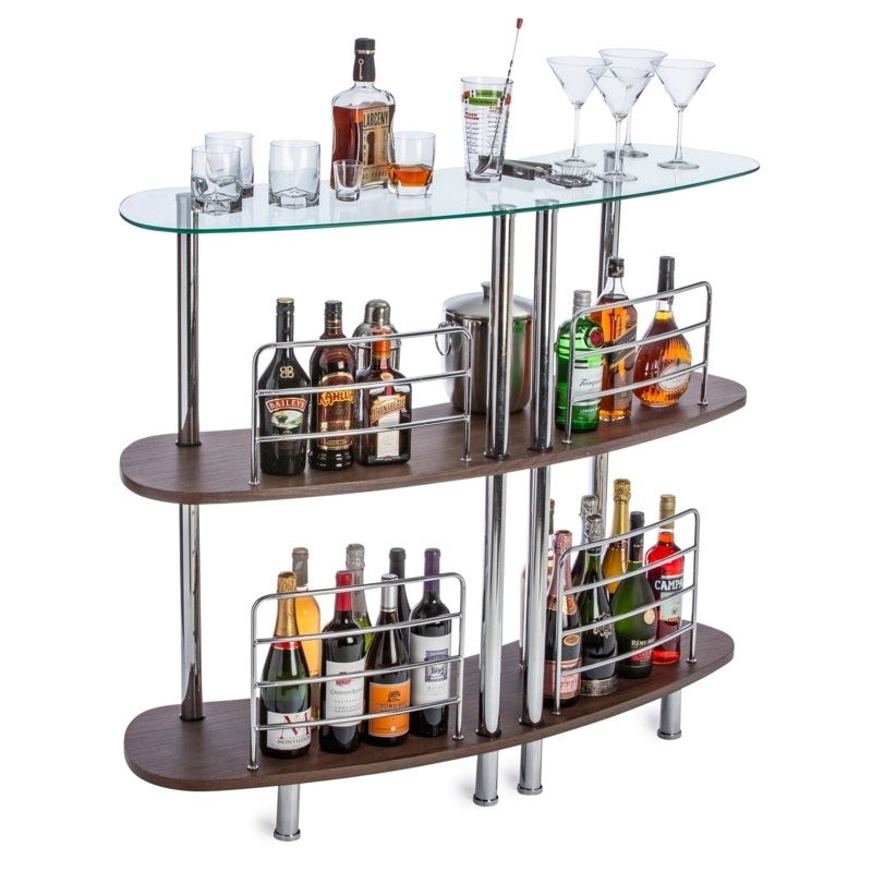 Home Bar Table Walnut Brown Glass Kidney Shape Shelves Contemporary