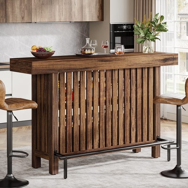 Home Bar Table with Vertical Slat Facade & Integrated Footrest