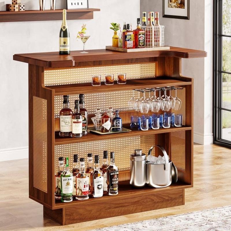 Home Bar Unit Rattan Cane Caramel Brown Four Tier Farmhouse Style