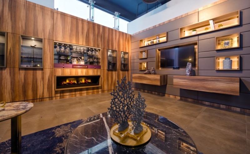 Home Bar Unit with Linear Electric Fireplace & Floating Cabinets
