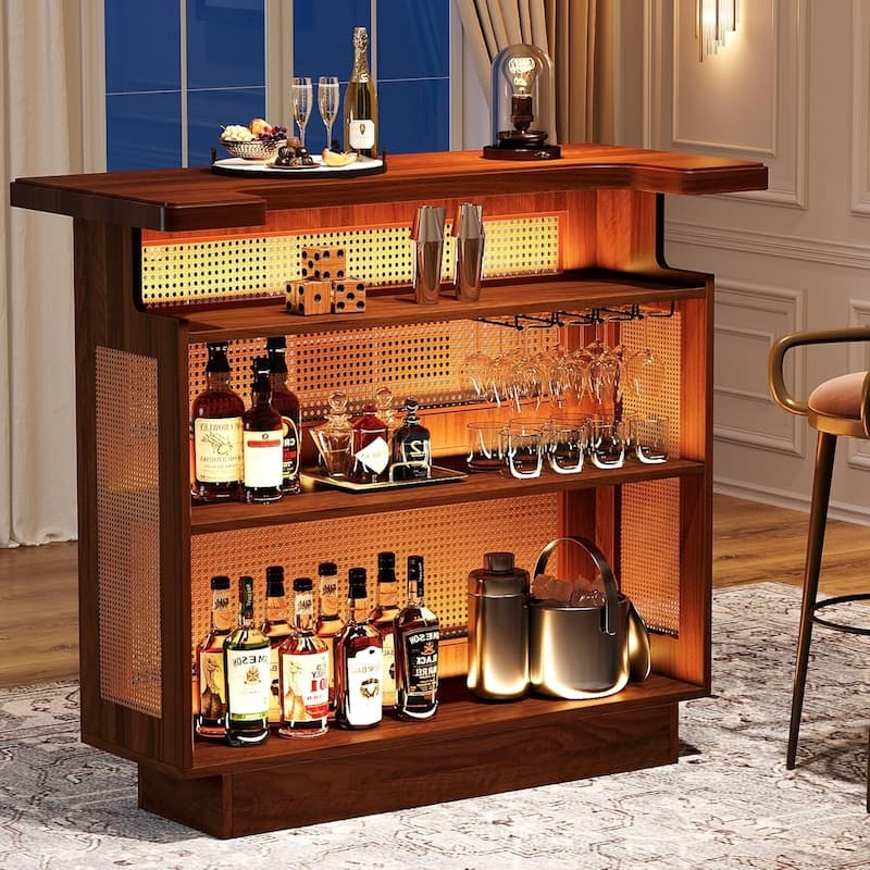 Home Bar Walnut Brown Cane Mesh Back Integrated Lighting Mid-Century