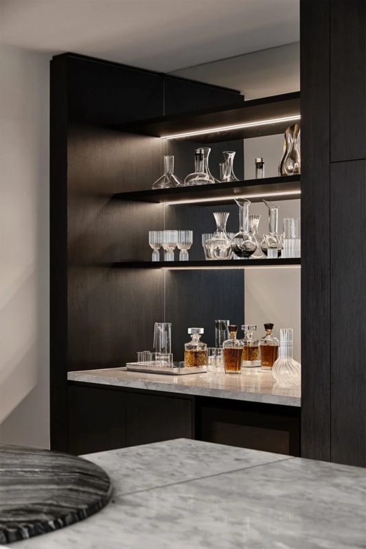 Home Bar with Mirrored Backsplash & LED Strip Lighting