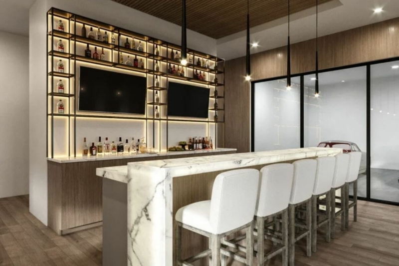 Home Bar with Onyx Waterfall Edge & Backlit Metal Grid Shelving