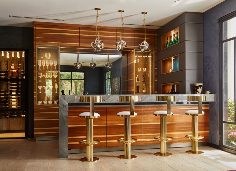 Home Bar with Stone Waterfall Edge & Fluted Gold Stools