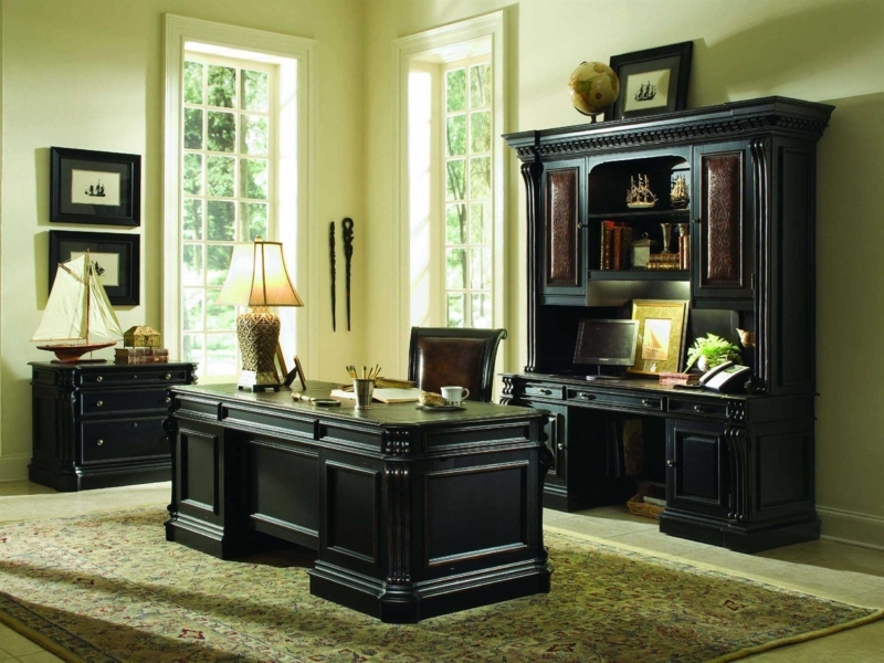 Home Office Set Matte Black Leather Like Panels Fluted Pilasters