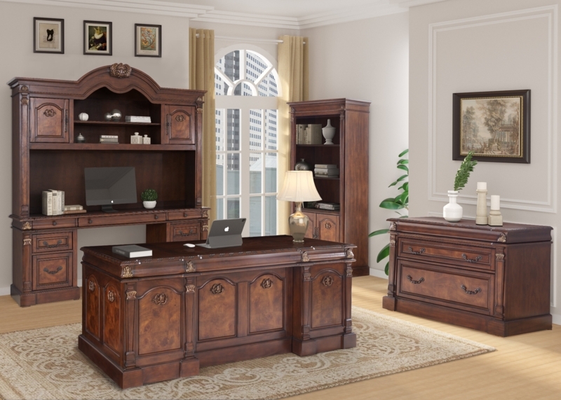 Home Office Suite Mahogany Brown Satin Carved Detailing Arched Hutch