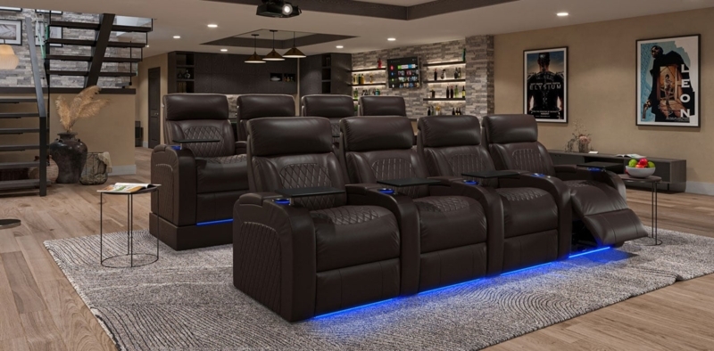 Home Theater Seating on Tiered Platform Risers in Chocolate Brown