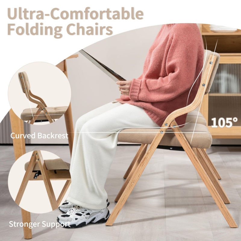 HOMEFUN Folding Chairs with Cushion, Wooden Padded Folding Chairs 4 Pa   WoodArtSupply