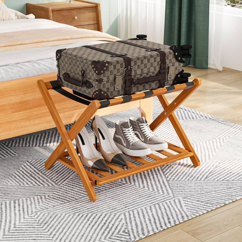 Honey Bamboo Folding Luggage Rack with Slatted Lower Shelf