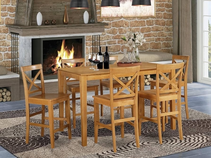 Honey Oak Counter Height Dining Set Wooden Seats X Back Design
