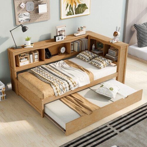 Honey Oak Daybed with L-Shaped Shelving, Trundle & Low Profile