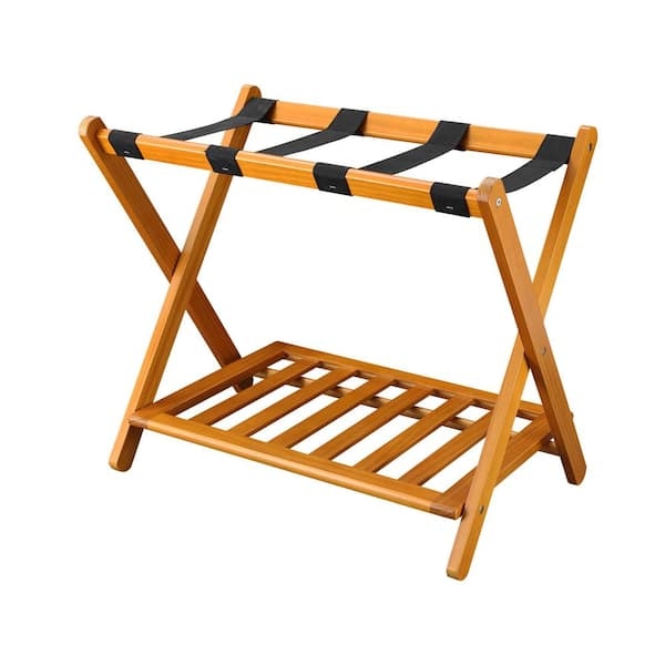 Honey Oak Folding Luggage Rack with Slatted Lower Shelf