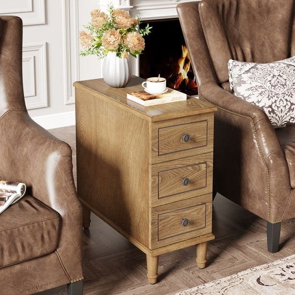 Honey Oak Narrow End Table with Three Tapered Leg Drawers