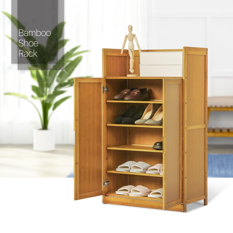 Honey-Toned Bamboo Shoe Cabinet with Six Tiers and Top Shelf