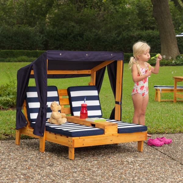 Honey Wood Double Chaise Navy Stripe Cabana Canopy