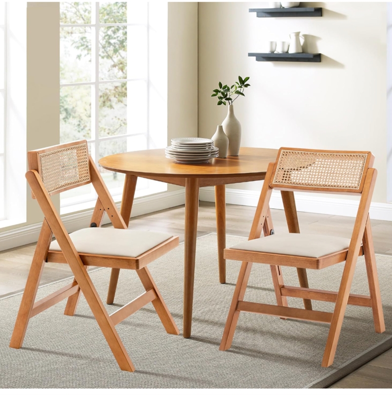 Honey Wood Folding Dining Chair Cane Backrest Padded Seat