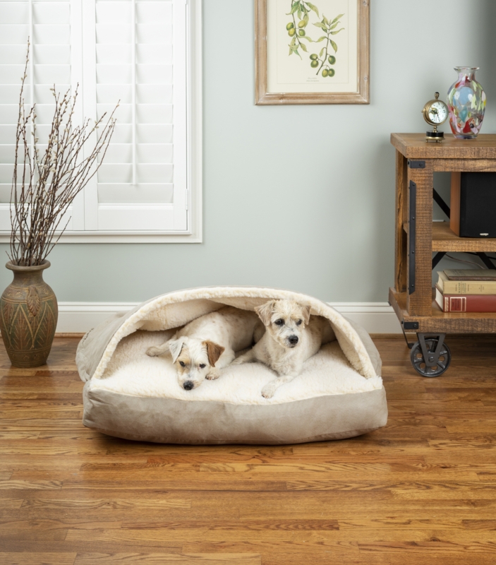 Hooded Cave Dog Bed Rectangular Microsuede Sherpa Cozy