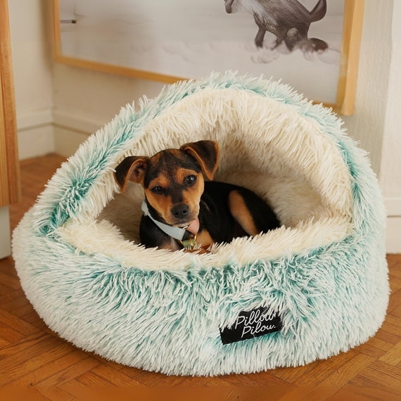 Hooded Dog Bed Mint Green High-Pile Shag Fluffy Cave
