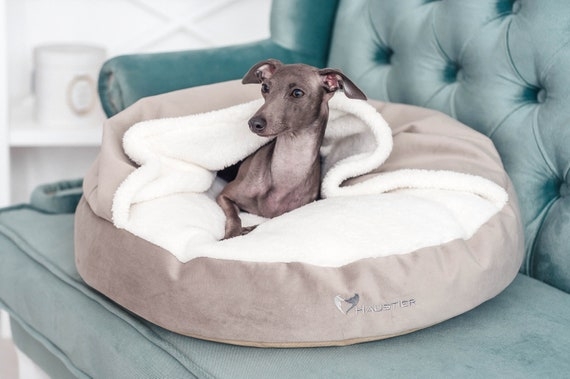 Hooded Dog Bed Silver Upholstery Integrated Blanket Glam