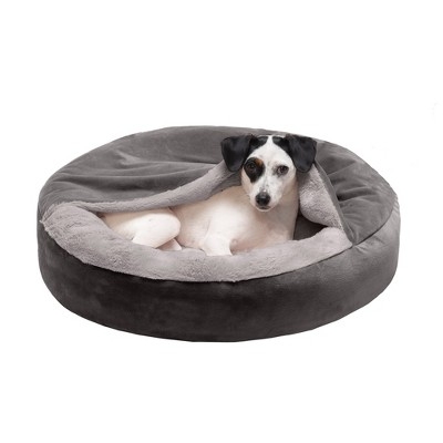 Hooded Donut Dog Bed Dark Gray Velvet Wave Faux Fur Burrow