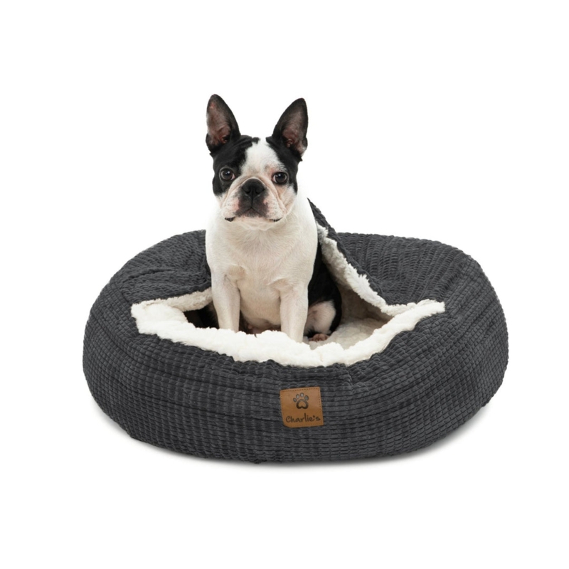 Hooded Nest Dog Bed Charcoal Waffle Knit Leather Patch