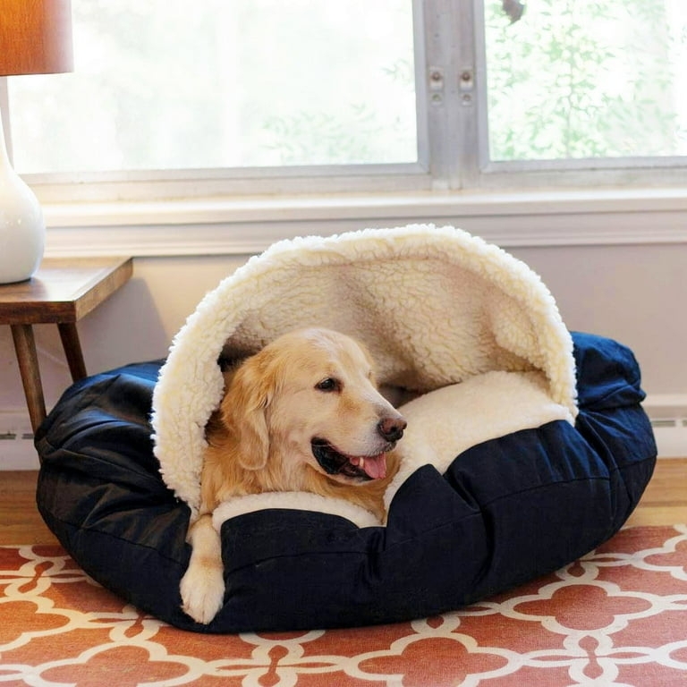Hooded Nesting Dog Bed Navy Sherpa Fleece Large Breed