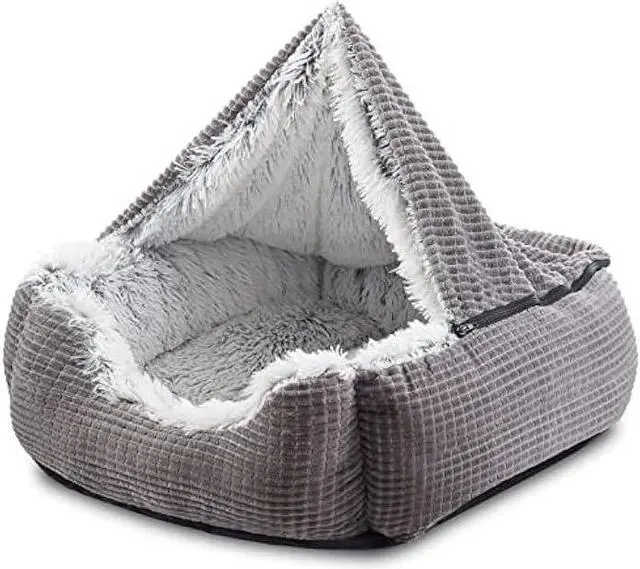Hooded Pet Bed Charcoal Ribbed Fabric Orthopedic Cave