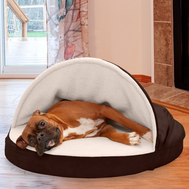 Hooded Pet Bed Dark Chocolate Memory Foam Sherpa Lined