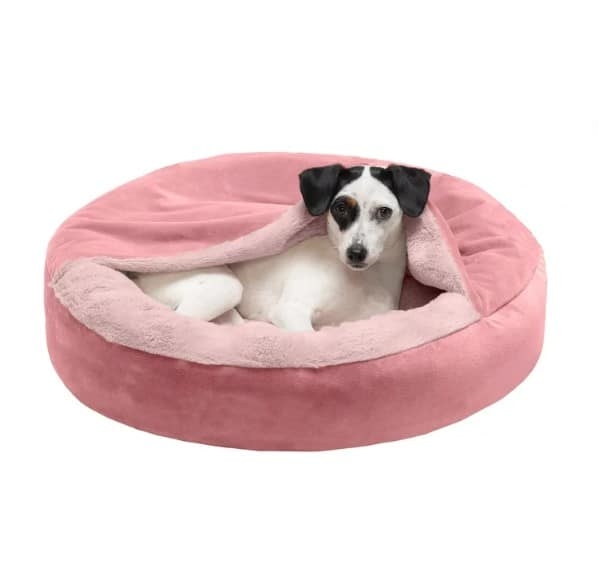 Hooded Pet Bed Dusty Rose Velvet Curly Faux Fur Burrow