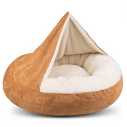Hooded Pet Bed Khaki Tan Donut Bolster Peaked Canopy