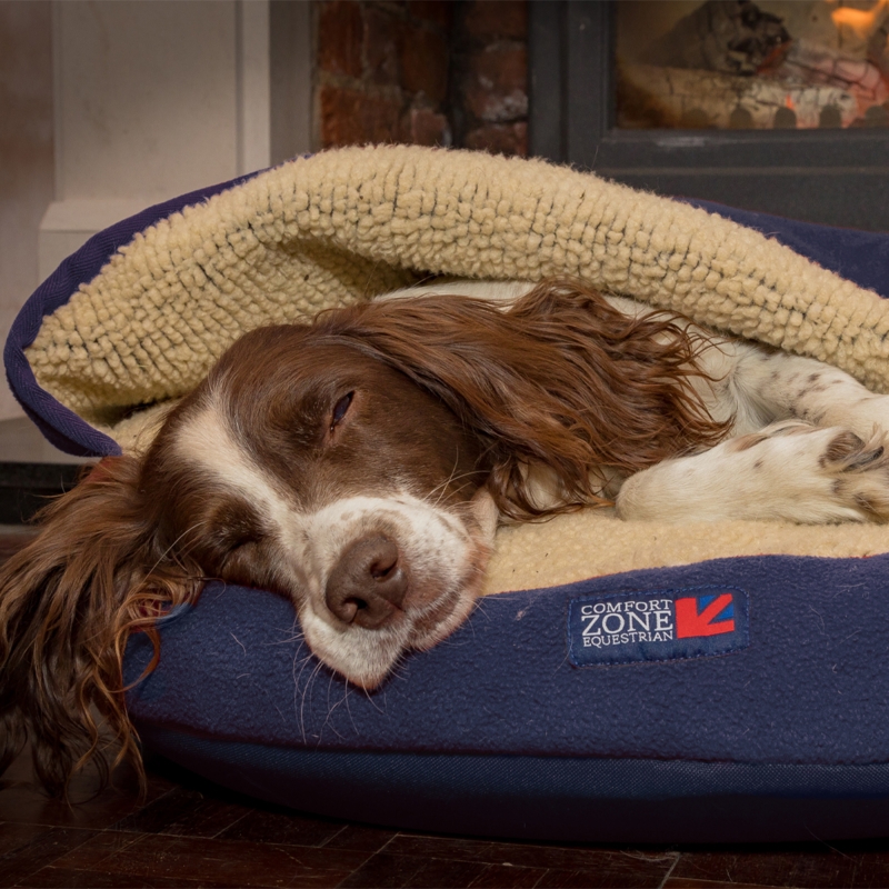 Hooded Pet Bed Navy Blue Canvas Nubby Fleece Branded Patch
