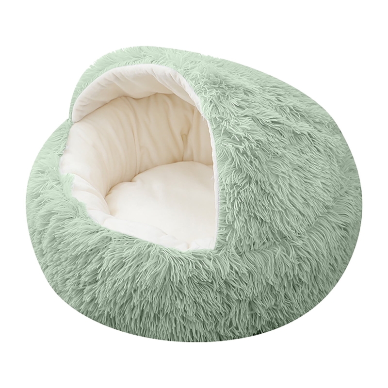Hooded Pet Bed Sage Green Shaggy Faux Fur Round Cave