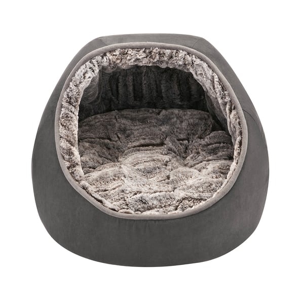 Hooded Snuggler Pet Bed Charcoal Dome Faux Fur Cave