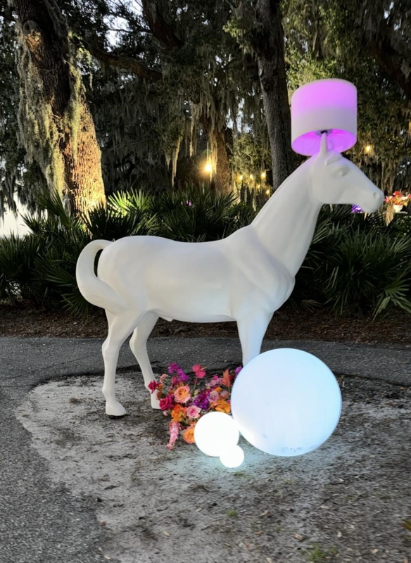 Horse Lamp: Life-Sized Stark White Sculpture, Neon Purple Glow, Whimsical