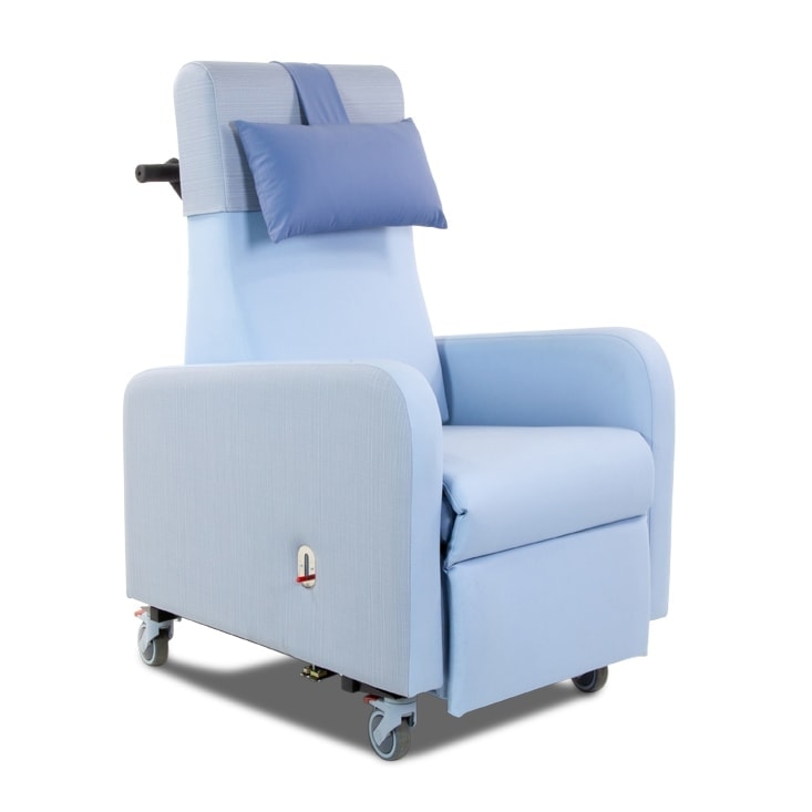 Hospital Porter Recliner, Powder Blue Upholstery, Head Pillow, Casters.