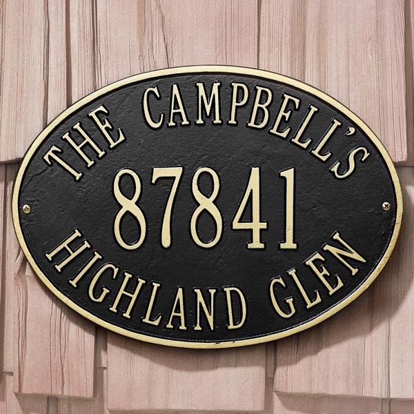 House Address Plaque Oval Shape Gold Toned Border Raised Lettering Traditional