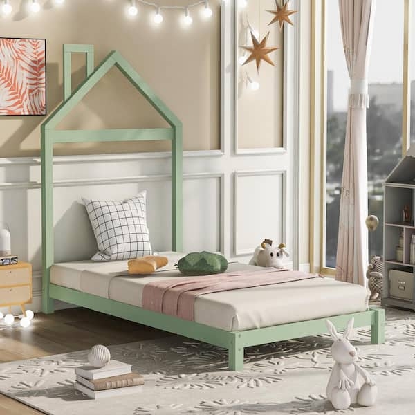House Bed Frame, Sage Green Finish with Whimsical Chimney Detail