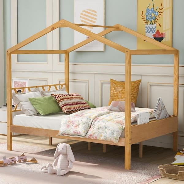 House Bed in Natural Wood with Integrated Book Storage Pocket