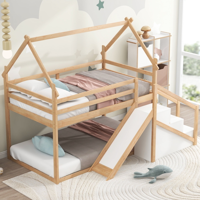 House Bunk Bed with Slide Natural Wood Storage Staircase Montessori