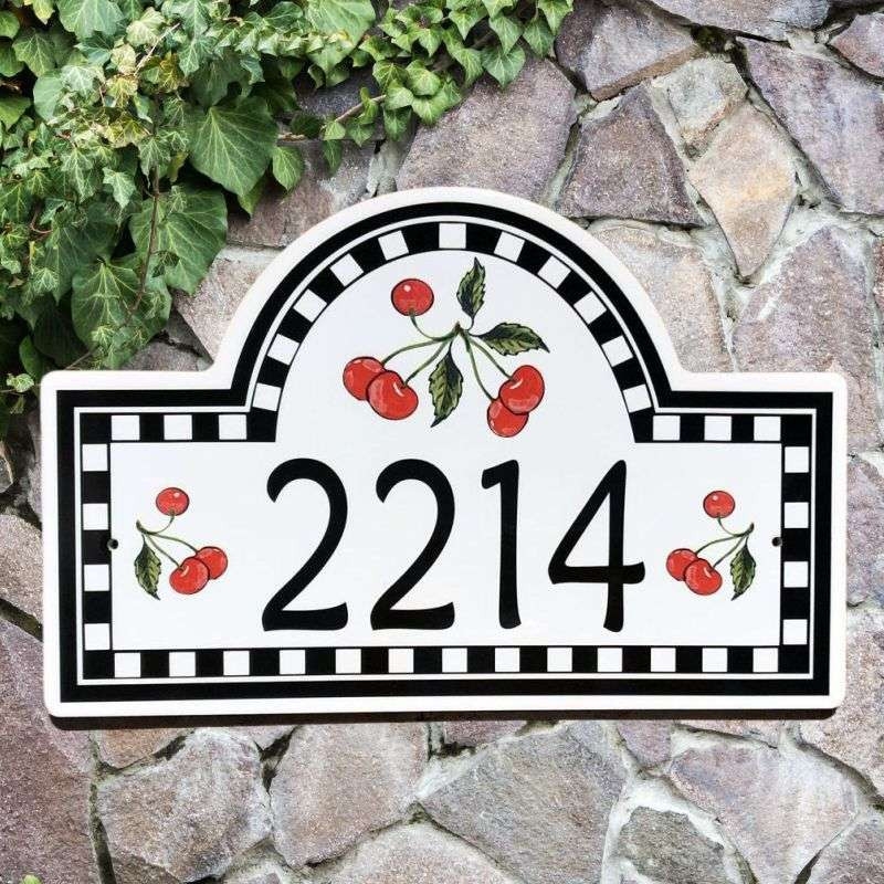 House Number Plaque Cherry Motif Checkerboard Border Arched Entryway Sign