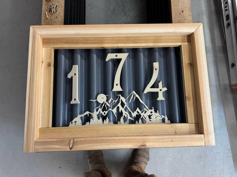 House Number Sign Corrugated Metal Mountain Silhouette Wood Frame