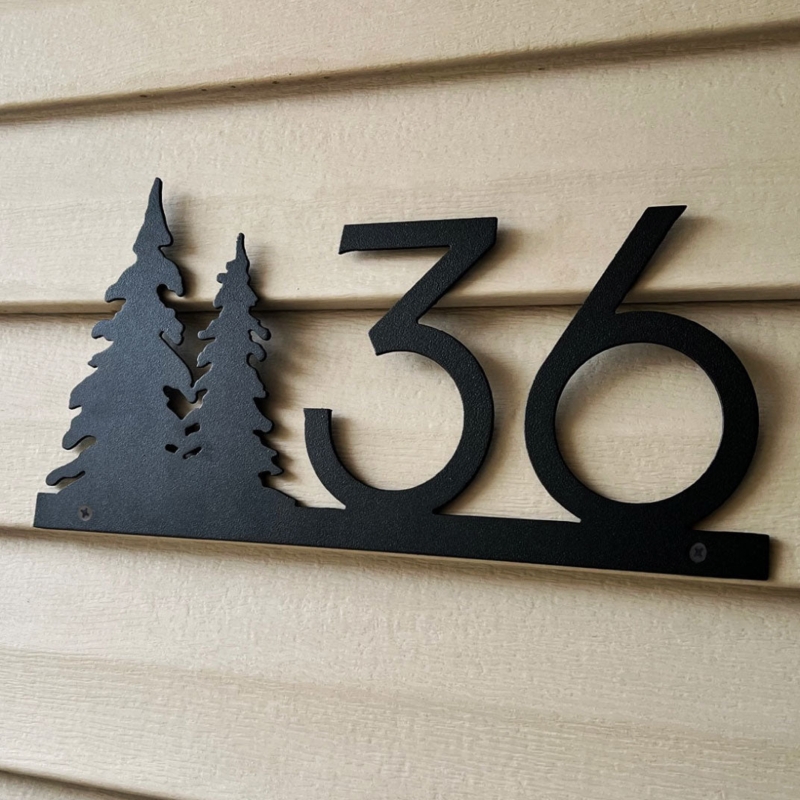 House Number Sign Evergreen Tree Motif Nature Themed Horizontal Base