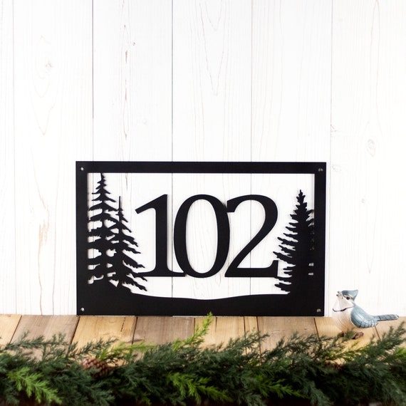 House Number Sign Pine Tree Silhouette Rustic Matte Black Metal