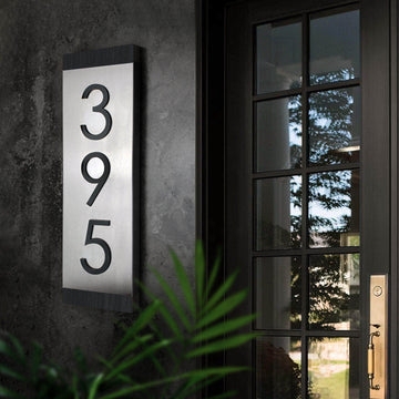 House Number Sign Vertical Stack Brushed Silver Wood Accents Modern