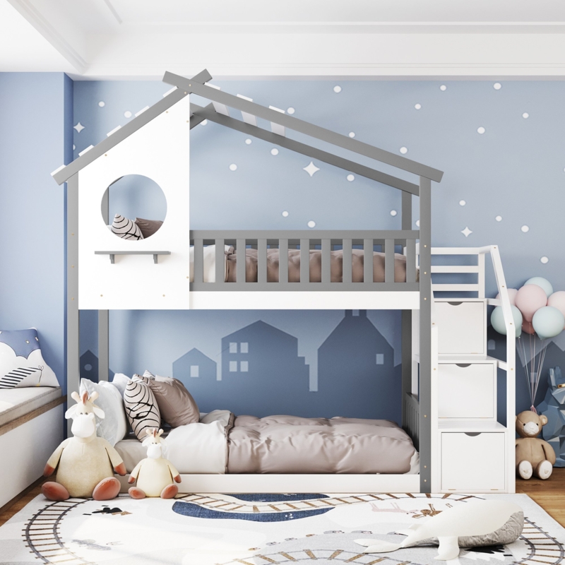 House Shaped Bunk Bed Slate Gray Stairway Storage Window