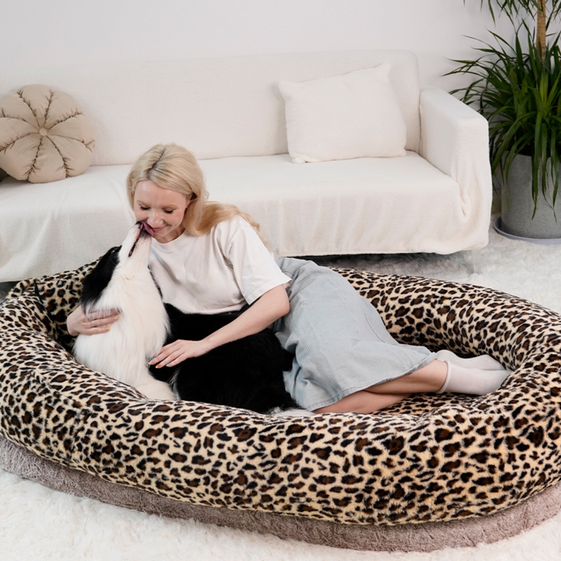 Human Dog Bed Oversized Bolster Oval Shape Floor Seating Plush Leopard