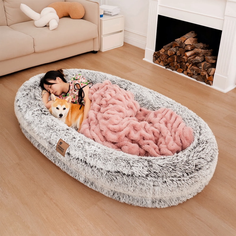 Human Dog Bed Oversized Shaggy Faux Fur Grey Cozy Nap Station